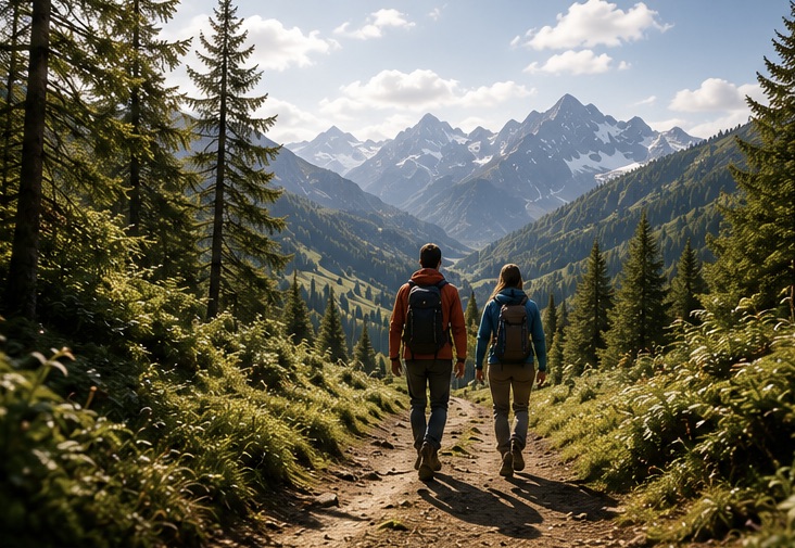 Zwei Wanderer auf einem Waldpfad bei Kals am Großglockner