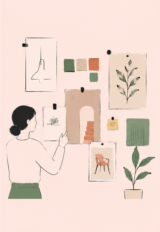 Illustration: eine Person reflektiert vor einem Moodboard