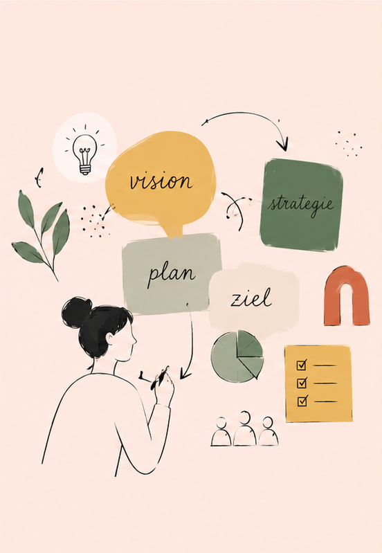 Illustration: eine Person entwickelt Vision, Plan und Ziele